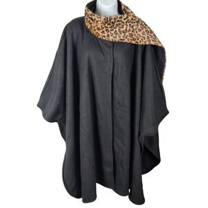 Axxents Black Fleece Poncho Leopard Faux Fur Collar Wrap One Size NEW mob wife